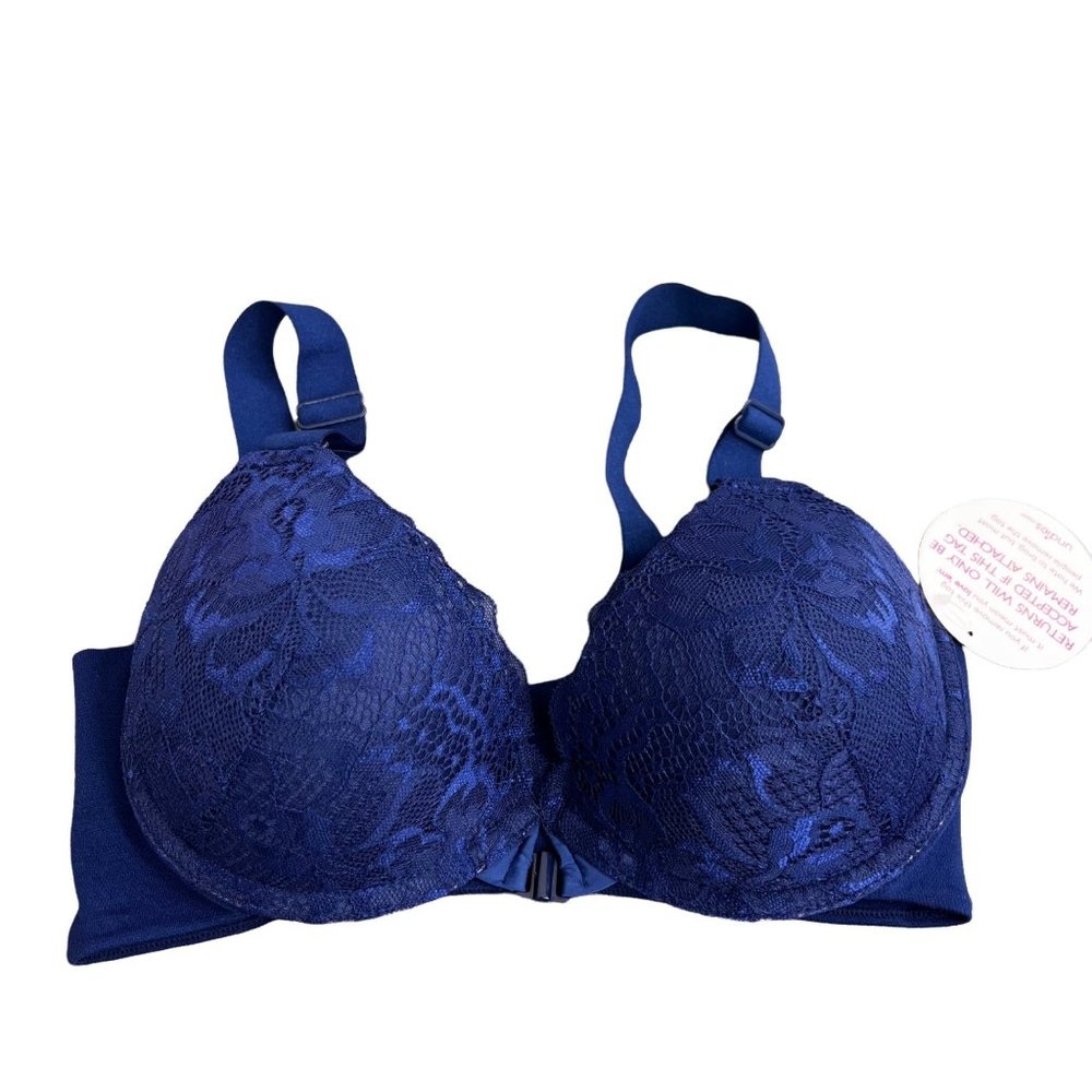 Undies Bra size 34B Royal Blue Lace Comfort Straps Front Closure NWT